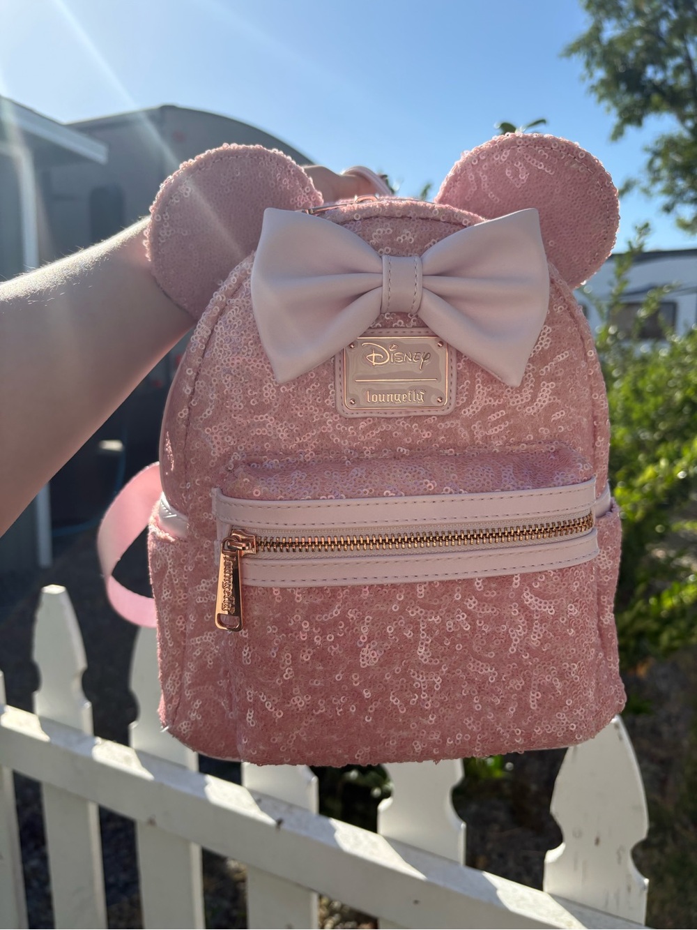 Loungefly Rose Pink Sequin Minnie Ear Mini Backpack with Bow